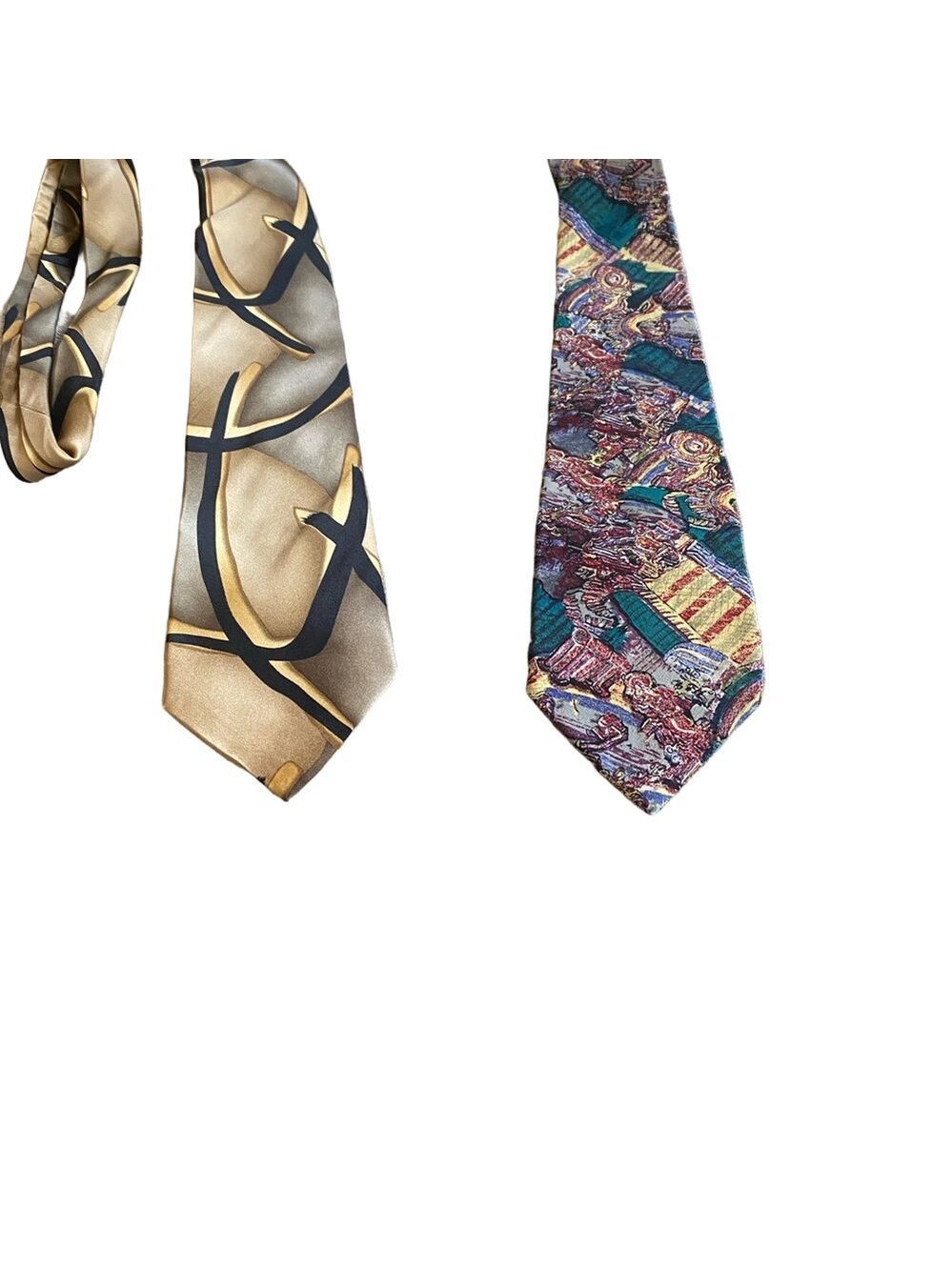 J. Garcia Vintage Silk Tie Set – Black & Gold Abstract + Multicolor Pattern
